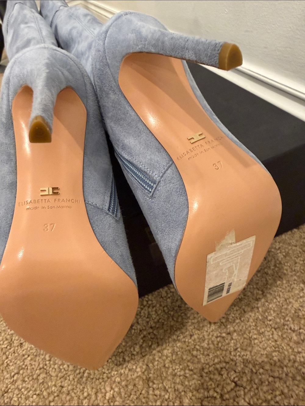 Elisabetta Franchi Ice Blue Stretch Suede Over The Knee Boots EU 37 NWT - Picture 9 of 11